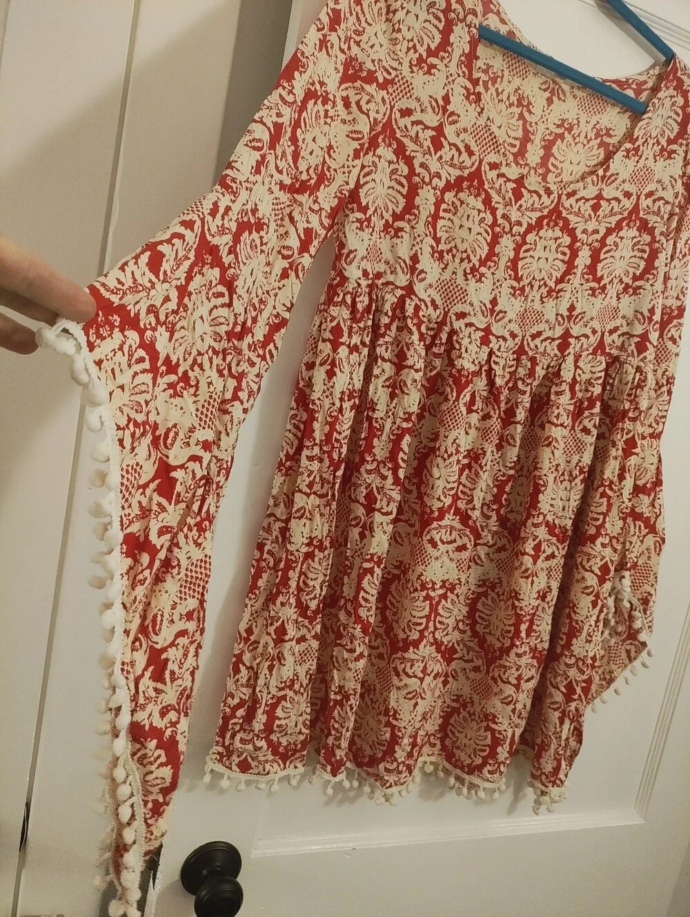 Velzera Womens S Boho Tunic Top Red Cream Bell Sleeve Pom Pom Trim